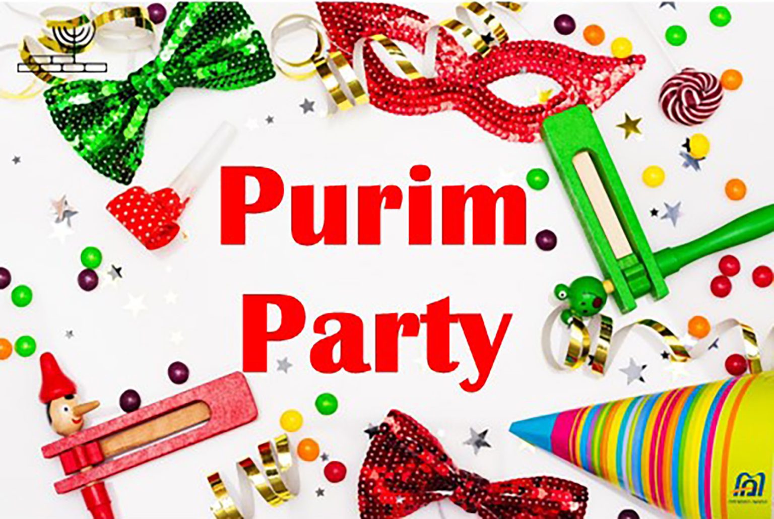 Masks, gragers and the words "Purim party"